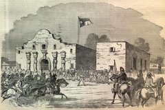 A hand-colored engraving of the Alamo with the Texas flag flying above it.