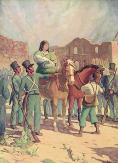 Painting of Susannah Dickinson on a horse departing from the Alamo