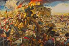 The Alamo movie artwork with John Wayne as David Crockett during the Battle of the Alamo