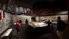 Guests in a museum gallery with a diorama at the center and interpretative panels on the walls